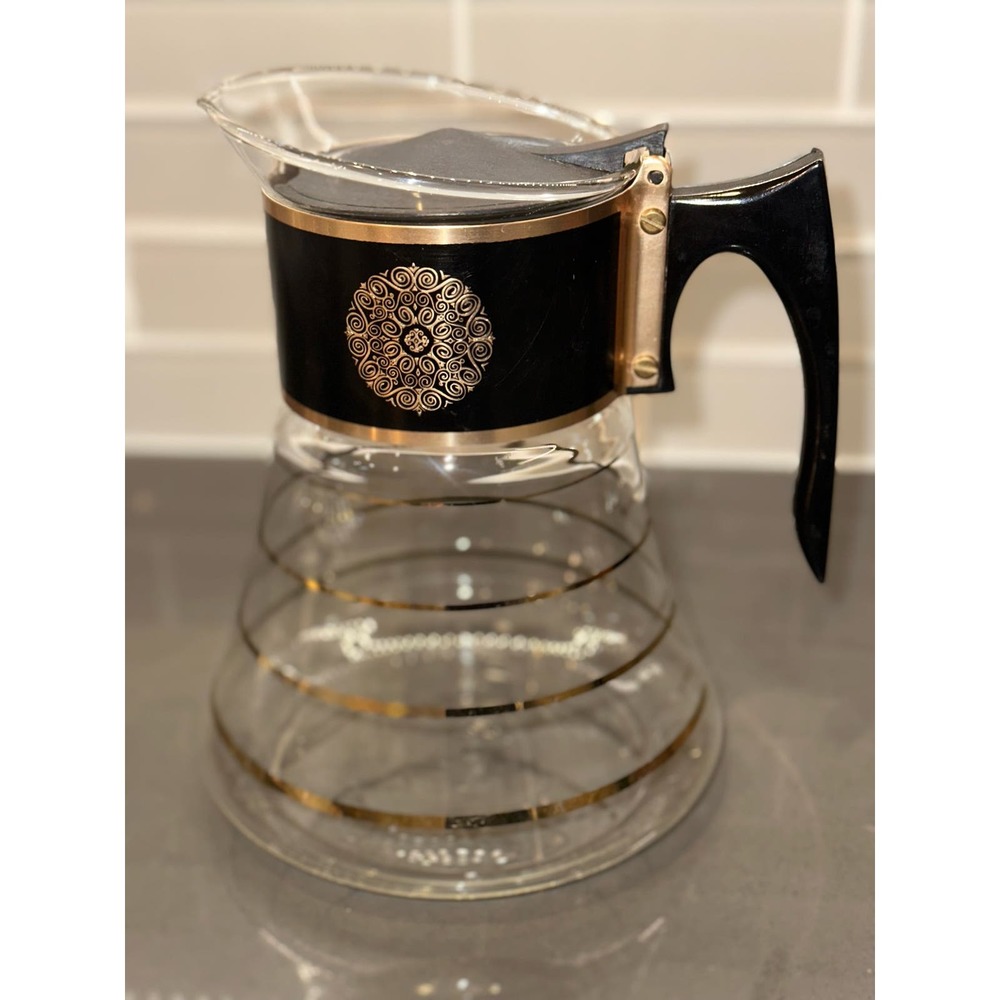 Vintage David Douglas Flameware Glass 8 Cup Black& Gold Coffee Pot w/Lid